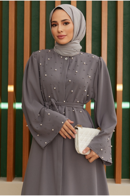 İnci Detaylı Abaya - Gri