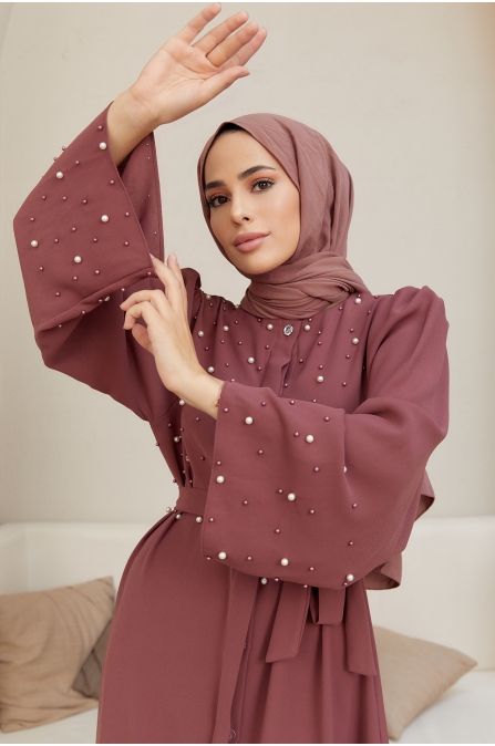 İnci Detaylı Abaya - Gül Kurusu