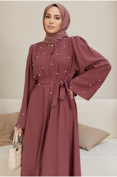 İnci Detaylı Abaya - Gül Kurusu