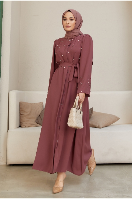 İnci Detaylı Abaya - Gül Kurusu