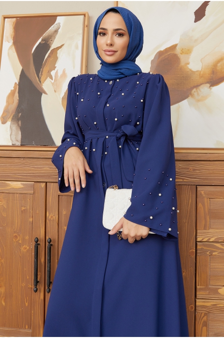 İnci Detaylı Abaya - İndigo