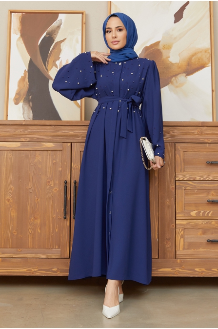İnci Detaylı Abaya - İndigo