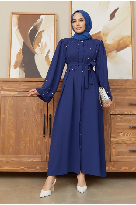 İnci Detaylı Abaya - İndigo