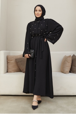 İnci Detaylı Abaya - Siyah