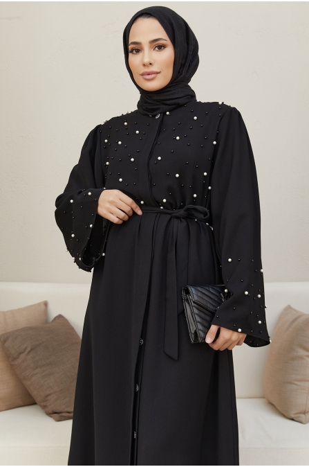 İnci Detaylı Abaya - Siyah