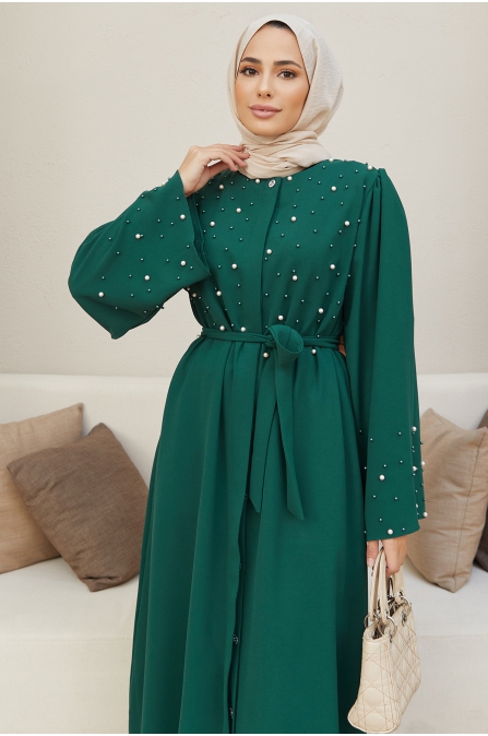 İnci Detaylı Abaya - Zümrüt