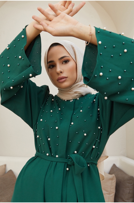 İnci Detaylı Abaya - Zümrüt