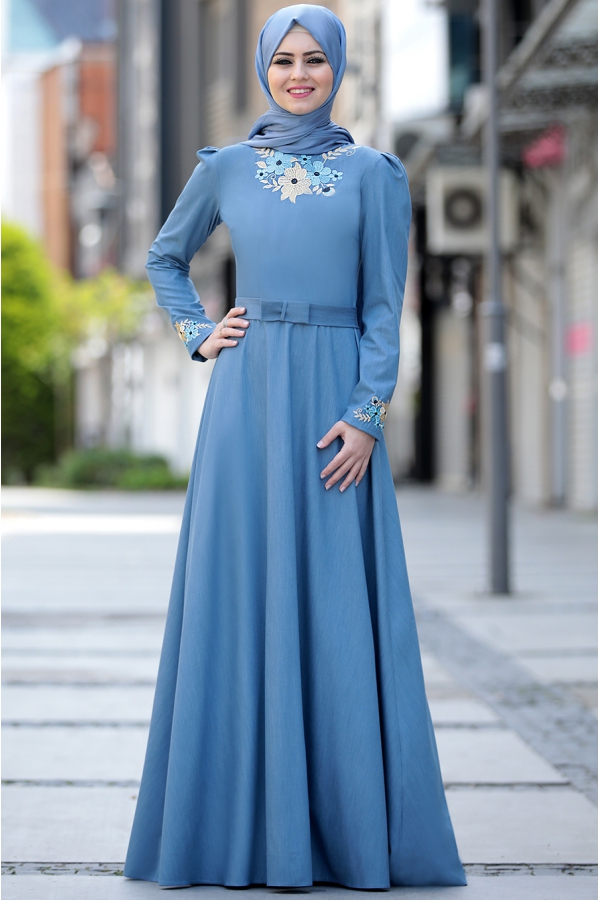 Ahunisa -  Kübra Nakışlı Elbise - Açık Mavi