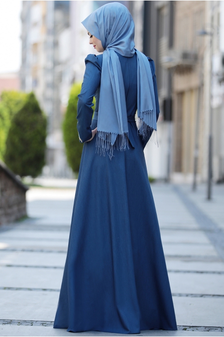 Ahunisa -  Kübra Nakışlı Elbise - Koyu Mavi