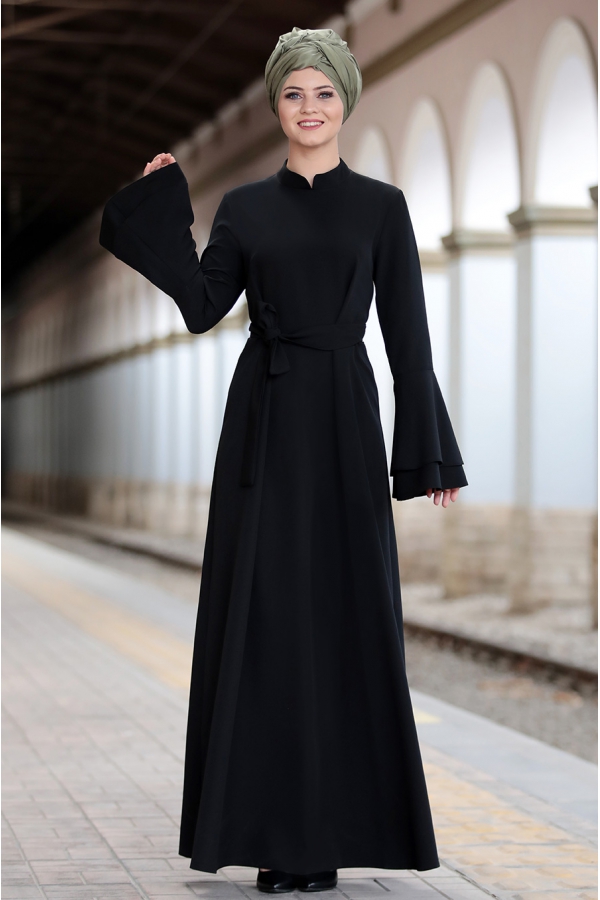 Ahunisa - Volanlı Elbise - Siyah