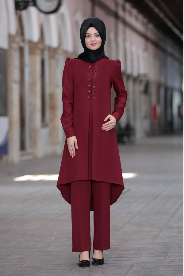 Mina Tunik Pantolon Tesettür Kombin - Bordo