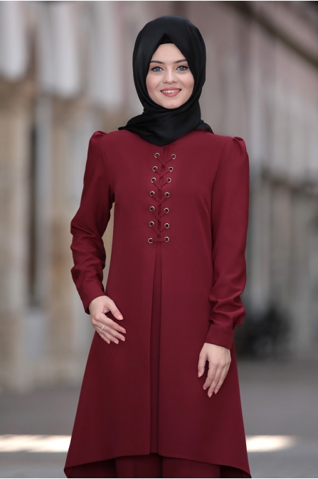 Mina Tunik Pantolon Tesettür Kombin - Bordo