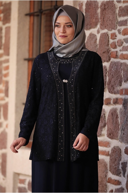 Sultan Büyük Beden Elbise - Lacivert - Amine Hüma