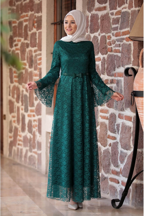 Afra Dantelli Elbise - Yeşil - Amine Hüma