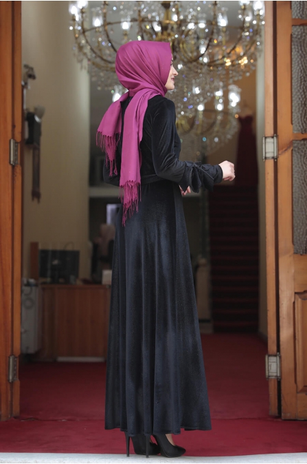 Lara Kadife Tesettür Elbise - Siyah
