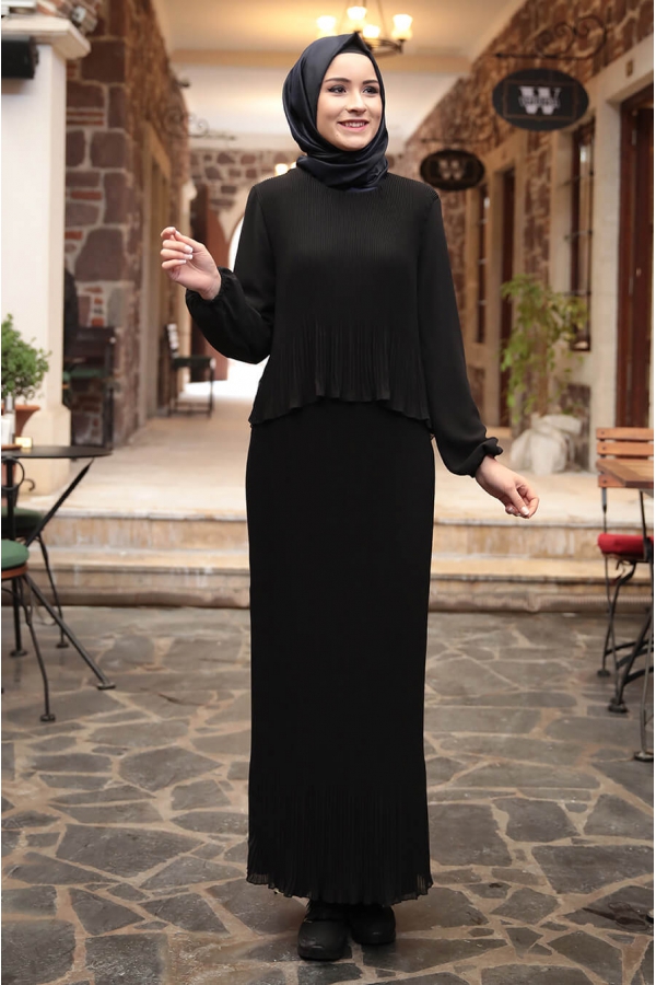 Şifon Piliseli Elbise - Siyah - Amine Hüma