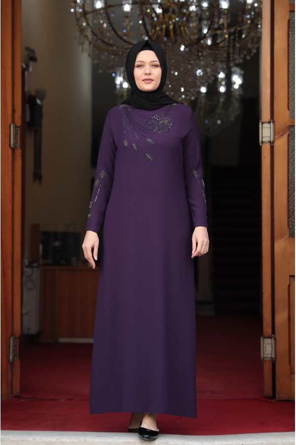 Yaprak Desen Taşlı Tesettür Elbise - Mor