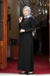 Yaprak Desen Taşlı Tesettür Elbise - Siyah