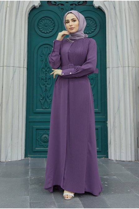 Piliseli Kemerli Elbise - Leylak