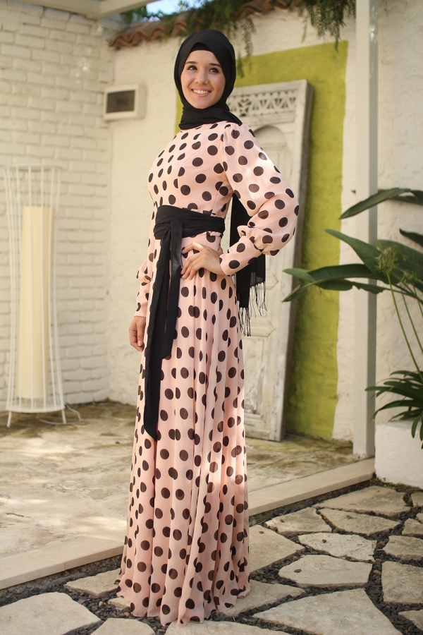 Siyah Puanlı Şifon Pudra Elbise