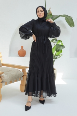 Balon Kol Pileli Şifon Elbise - Siyah