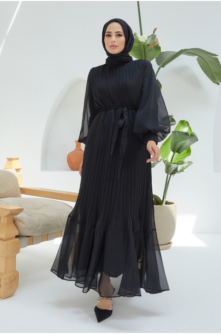 Balon Kol Pileli Şifon Elbise - Siyah