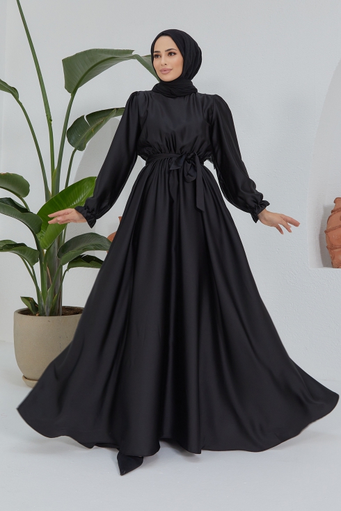 Kuşaklı Saten Abiye Elbise - Siyah