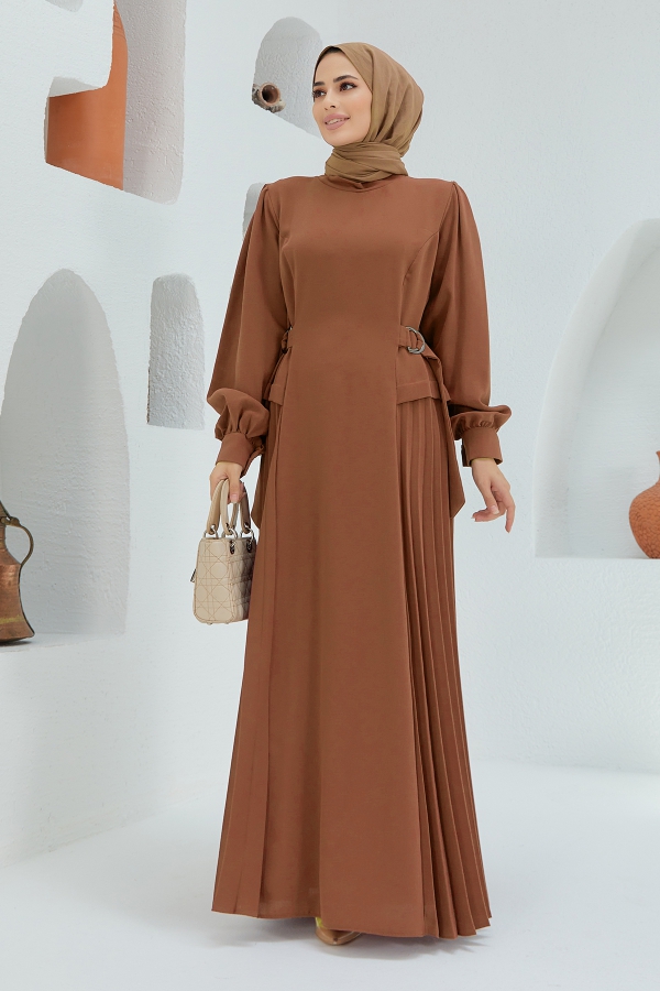Yanları Pileli Elbise - Camel