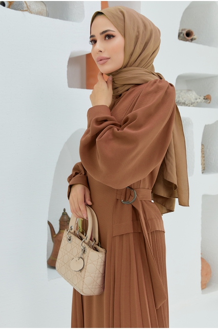 Yanları Pileli Elbise - Camel