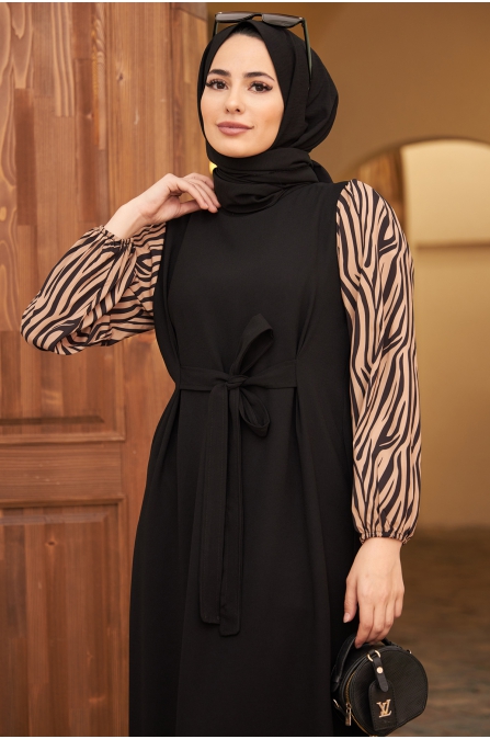 Zebra Kollu Elbise - Kahve