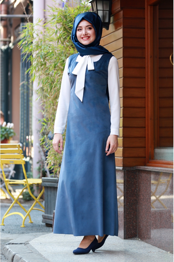 Askılı Kadife Elbise  - Mavi - Gamze Özkul