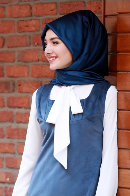 Askılı Kadife Elbise  - Mavi - Gamze Özkul