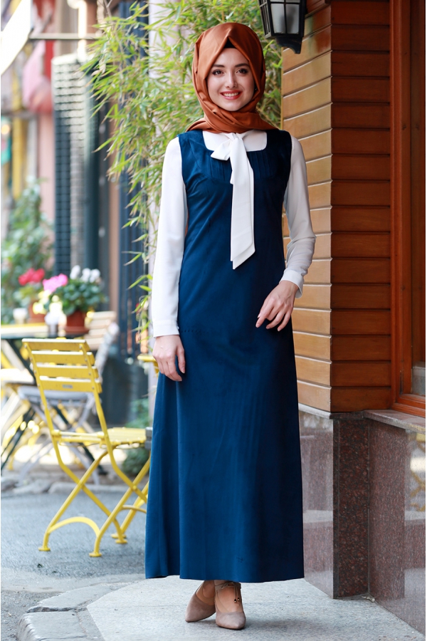 Askılı Kadife Elbise  - Petrol - Gamze Özkul