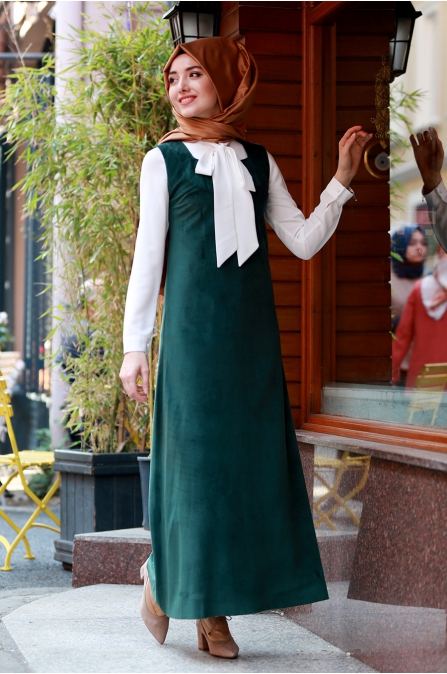 Askılı Kadife Elbise  - Zümrüt - Gamze Özkul