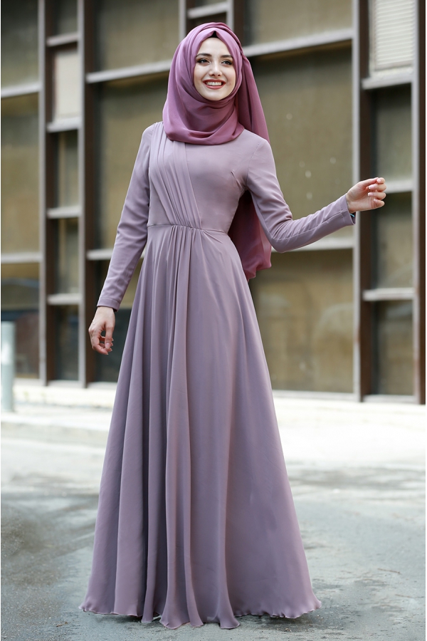 Şifon Büzgülü Elbise  - Açık Lila - Gamze Özkul