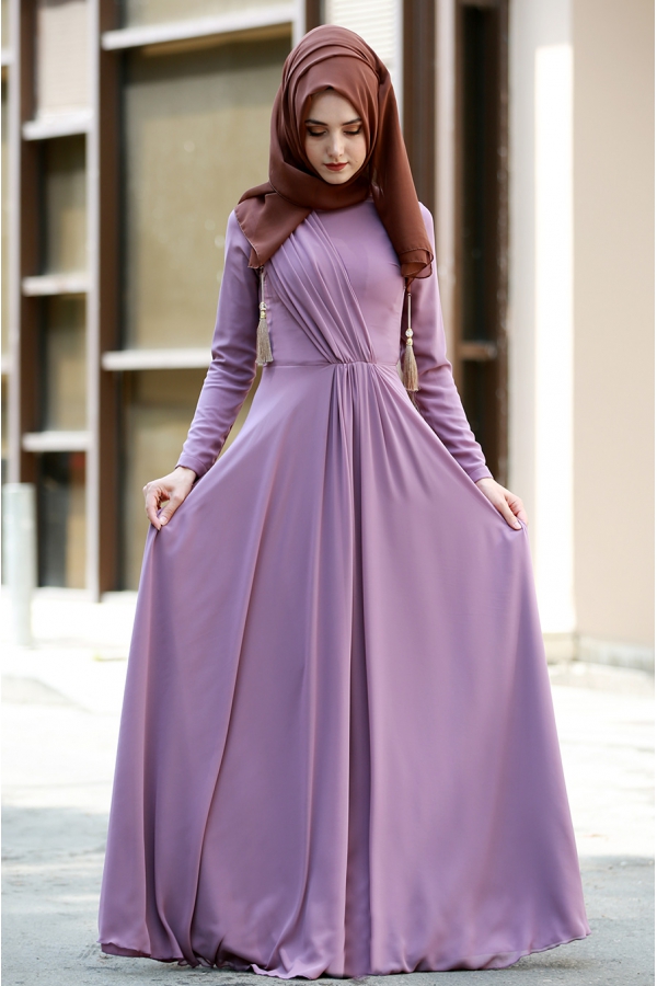 Şifon Büzgülü Elbise  - Koyu Lila - Gamze Özkul
