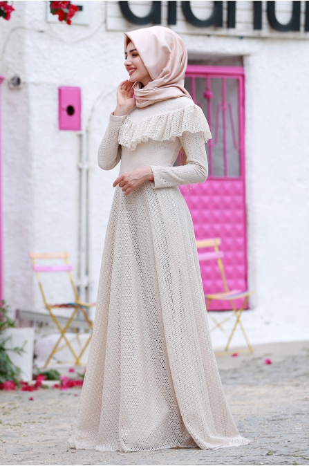 Vintage Elbise Bej - Gamze Özkul