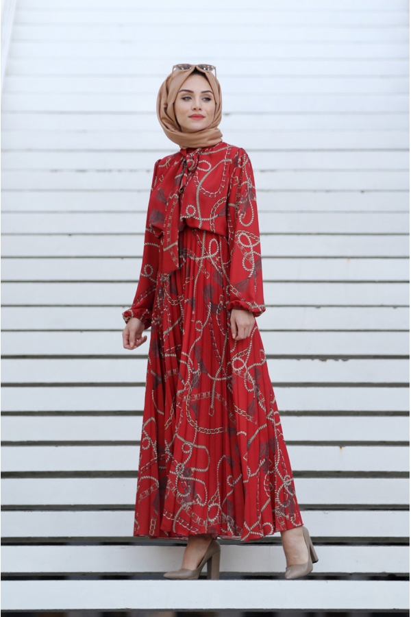 Zincir Desen Elbise - Kırmızı - Gamze Özkul