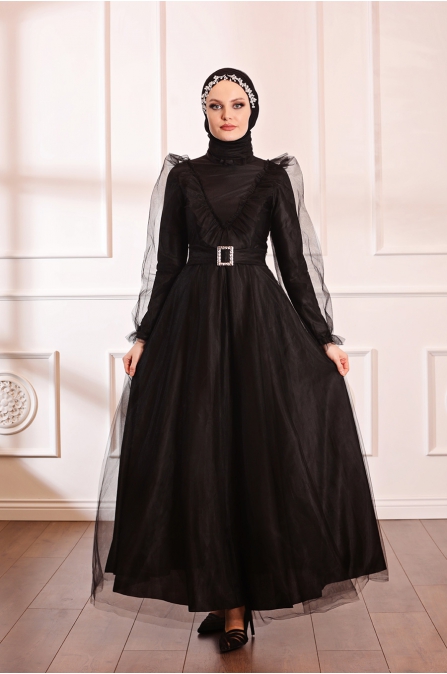 Nevra Tesettür Abiye - Siyah