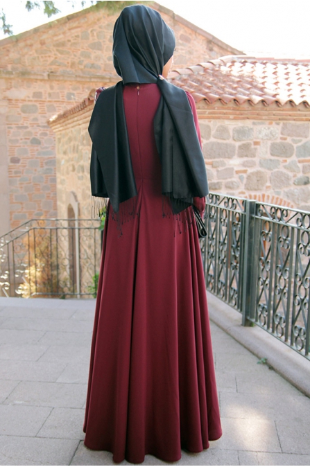 Gül desenli Deri detaylı elbise -  Bordo