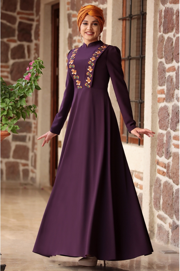Piennar - Önü Nakışlı Elbise - Mor