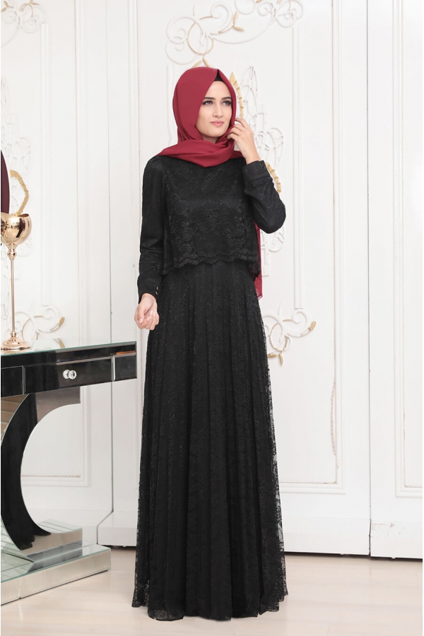 Pelerinli Dantel Elbise - Siyah - Pınar Şems