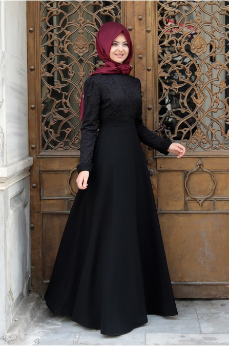 Dantelli Krep Elbise - Siyah - Pınar Şems