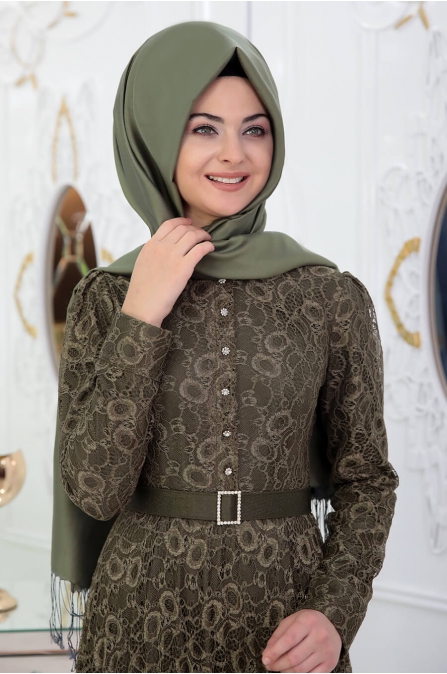 Dantelli Piliseli Elbise - Haki - Pınar Şems