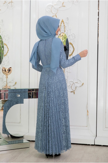Dantelli Piliseli Elbise - İndigo - Pınar Şems