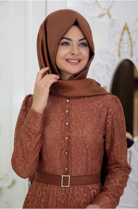 Dantelli Piliseli Elbise - Taba - Pınar Şems