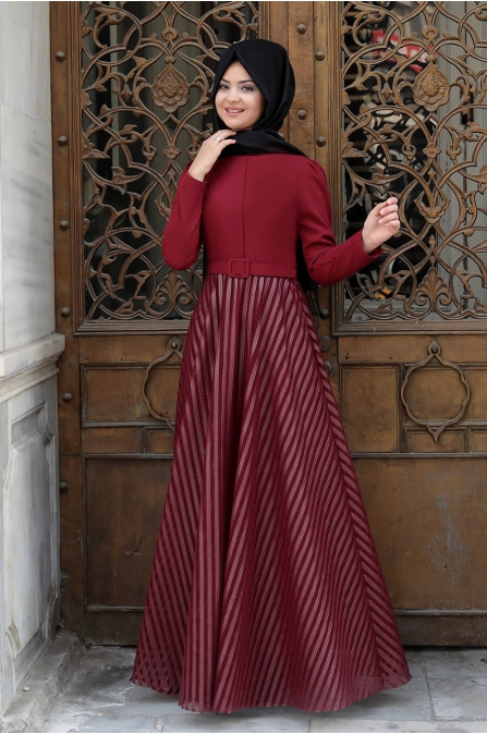 Deri Çizgili Elbise - Bordo - Pınar Şems