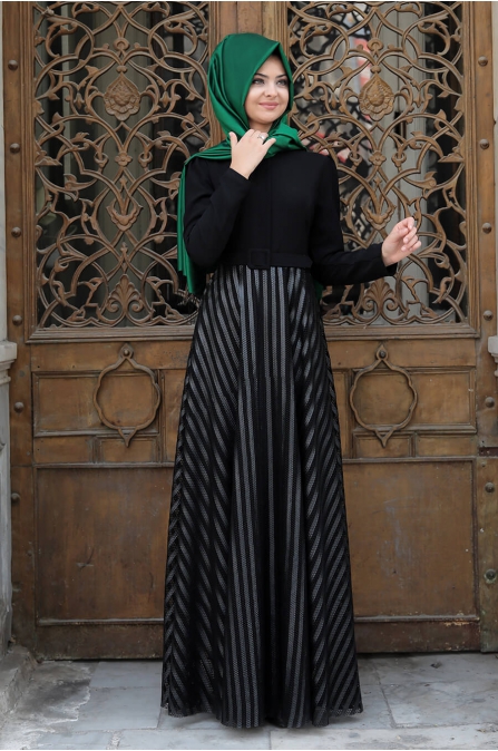 Deri Çizgili Elbise - Siyah - Pınar Şems
