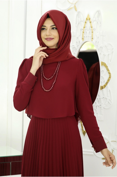İnci Piliseli Elbise - Bordo - Pınar Şems