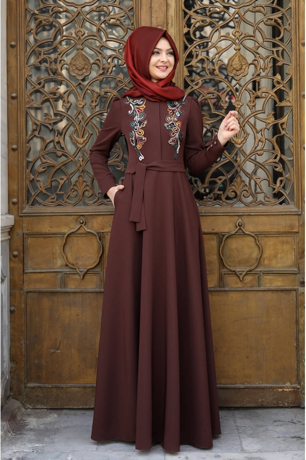 İşlemeli Elbise - Kahve - Pınar Şems